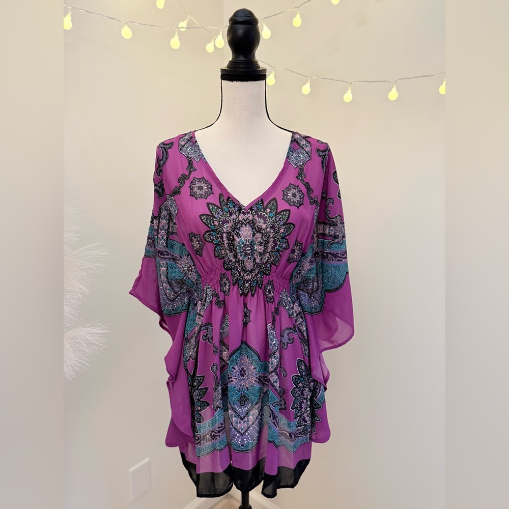 🌾 Nicole Miller Purple Dolman Sleeve Asymmetrical Tunic